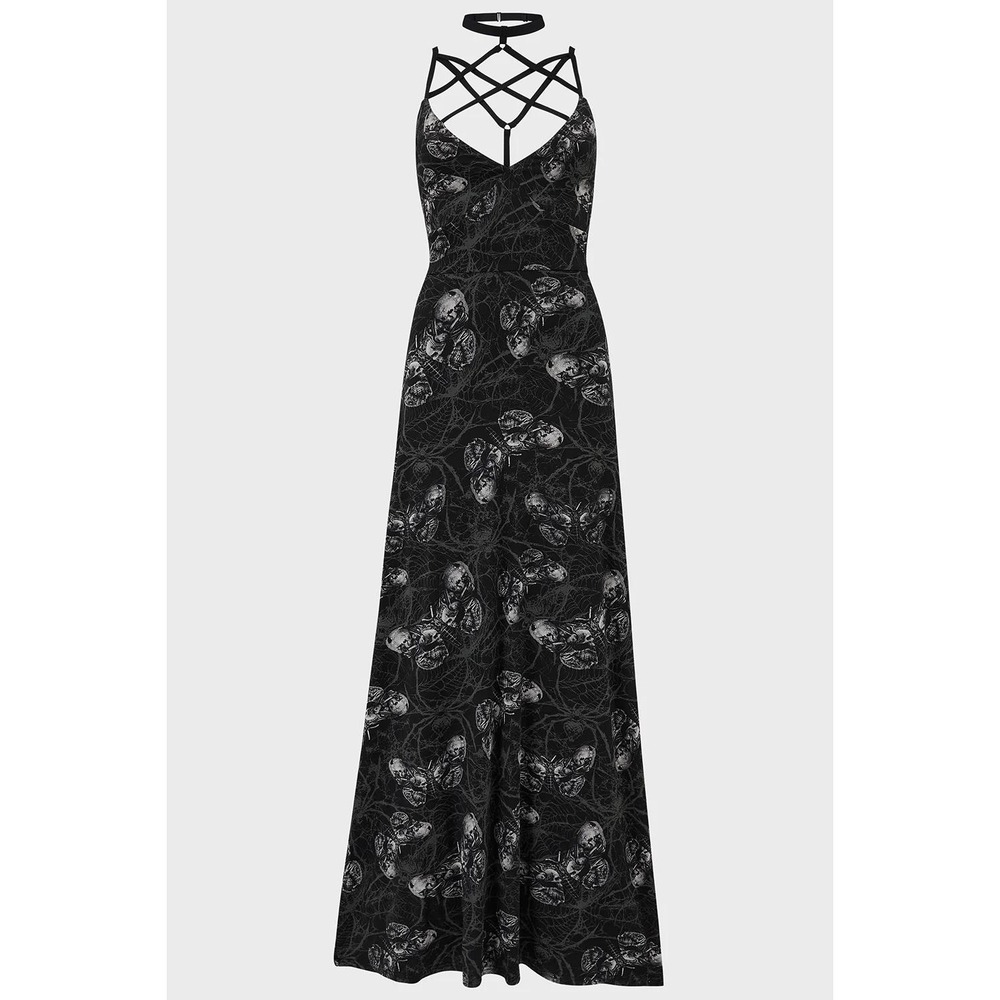 Killstar Spidrasicas Maxi Dress Black Skull Moth Pentagram Strappy Choker Goth